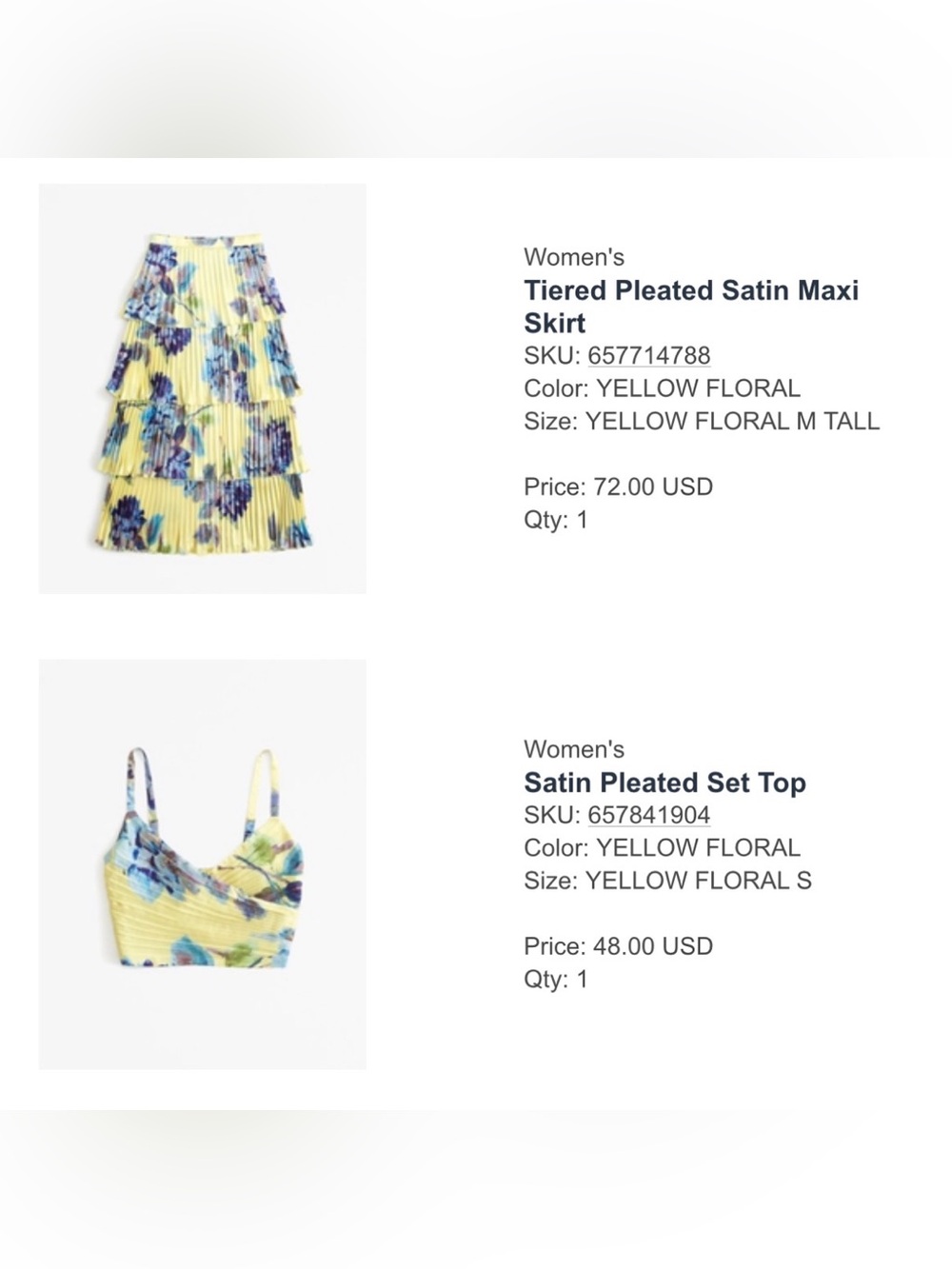 Satin Pleated Set Top and Skirt - Yellow Floral